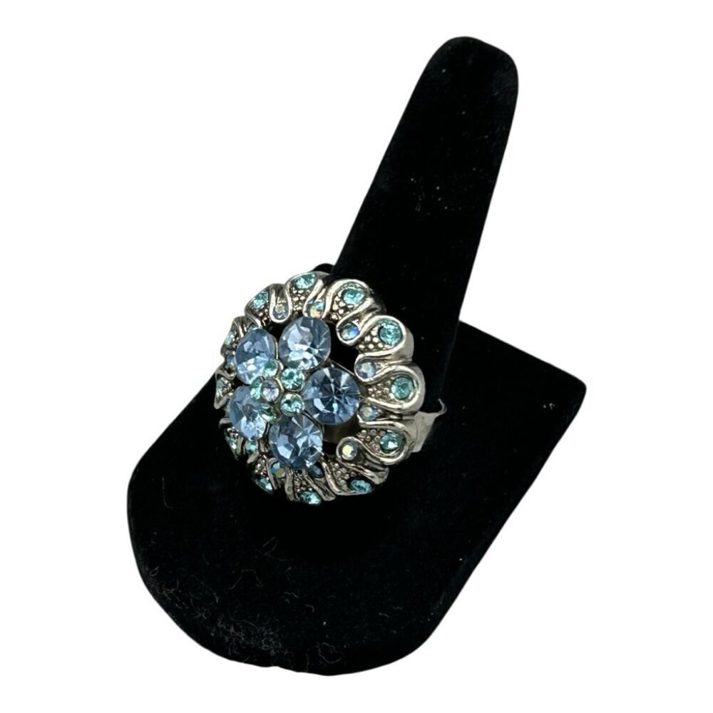 Blue Rhinestone Floral Cocktail Ring Adjustable Silver Tone - Picture 9 of 9